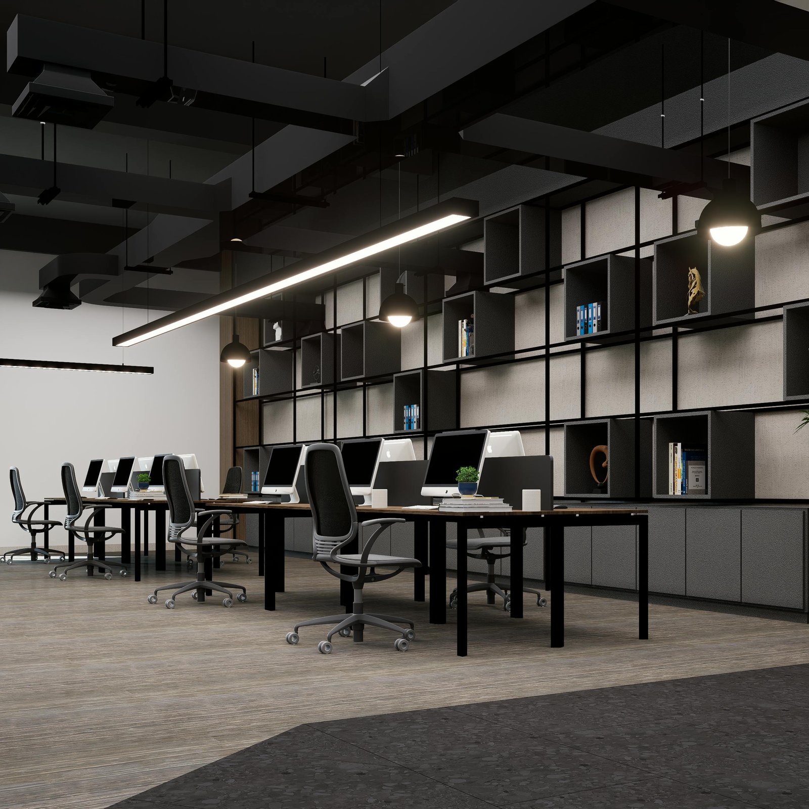 A modern, minimalist office interior featuring ergonomic chairs and sleek workstations.